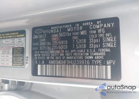 2017 Hyundai Santa Fe Se z USA, uszkodzony, nr VIN KM8SMDHF9HU239916